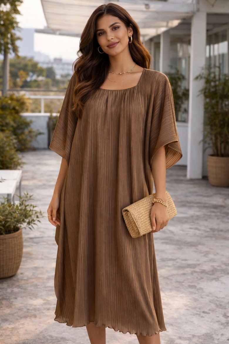 Picture of Pleated brown longdress